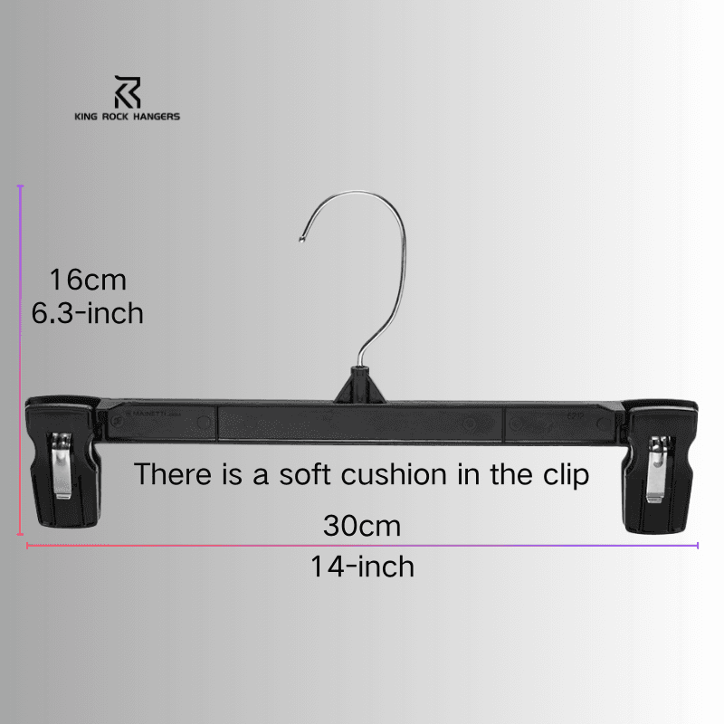Cintre à pantalons en plastique noir de 30 cm avec pinces antidérapantes pour adultes – Durable et prêt à être vendu en gros