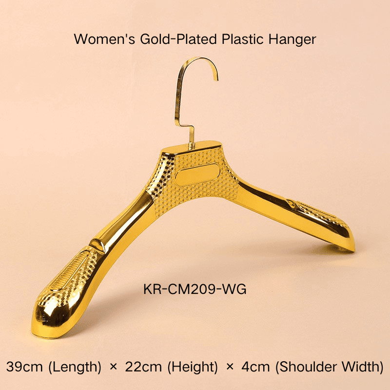Cabides de plástico banhados a ouro feminino, material PS, resistente 10kg, atacado a granel para lojas de roupas